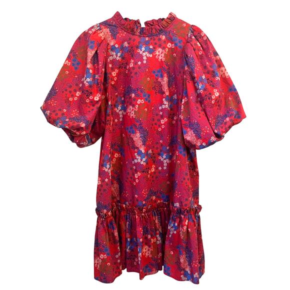 Tyler Boe Sammy Dress Large Red Wild Flowers Puff Sleeve Tiered Cottage Modest - Picture 2 of 14